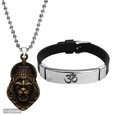 M Men Style Religious Hindu Idol God Vishnu Narsimha Locket With Om Yoga Charm Bracelet Bronze Silver Metal Stainless Steel Combo Set For Men SComboa3