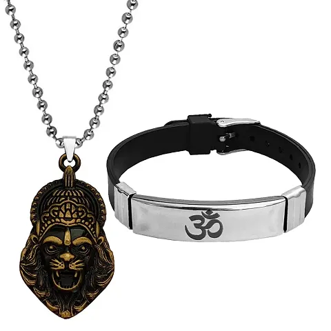 Men Style Religious Hindu Idol God Vishnu Narsimha Locket With Om Yoga Charm Bracelet Metal Stainless Combo Set For Men SComboa4