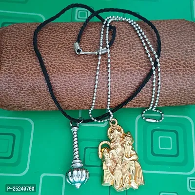 M Men Style Hindu Lord Bajrangbali Hanuman idol Monkey God Of Devotion Ball Chain With Gada Gold And Silver Zinc Metal Cotton Dori Pendant Necklace For Men And Women SPn2022804-thumb3