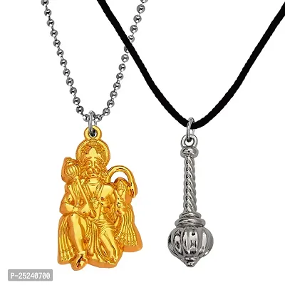 M Men Style Hindu Lord Bajrangbali Hanuman idol Monkey God Of Devotion Ball Chain With Gada Gold And Silver Zinc Metal Cotton Dori Pendant Necklace For Men And Women SPn2022804