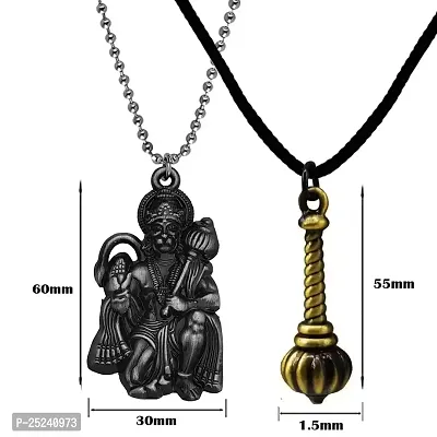 M Men Style Hindu Lord Hanuman idol Monkey God Of Devotion Ball Chain With Gada Grey And Bronze Zinc Metal Cotton Dori Pendant Necklace For Women-thumb2
