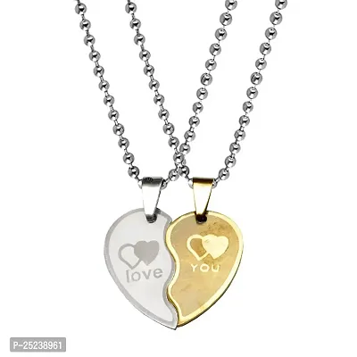 M Men Style Trendy Love You Broken Heart Couple Engraved Dual Couple Locket 1 PairSilver Gold Stainless Steel Pendant Necklace Chain Set for Men and Women