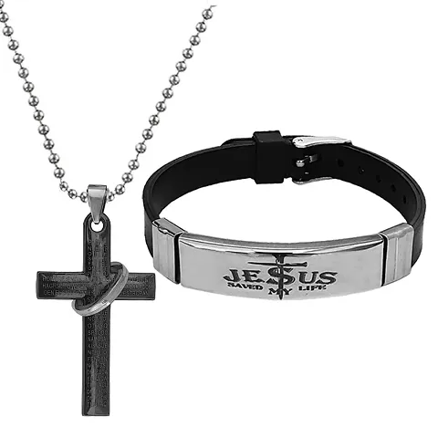 M Men Style Religious Lord Jesus Christ Cross Locket With Jesus Saved My Life Bracelet Silver Gold Metal Stainless Steel Combo Set For Men SComboa8