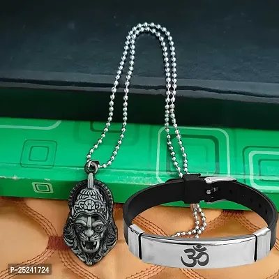 M Men Style Religious Hindu Idol God Vishnu Narsimha Locket With Om Yoga Charm Bracelet Grey Silver Metal Stainless Steel Combo Set For Men SComboa4-thumb2