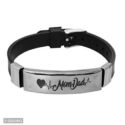 M Men Style Mom And Dad Lifeline Heart Beat Printing Made of Stainless Steel and Black Silicon Strap Unisex Wristband for Girls, Boys  Adults-thumb0