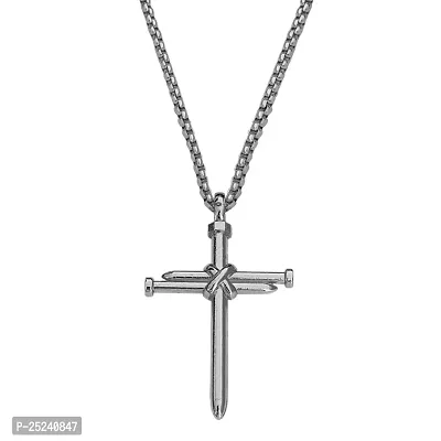M Men Style Christian Jewelry Christian Crucifix Jesus Cross Nail Blessing Pray With Long Chain Silver Stainless Steel Pendant Necklace Chain For Men And Women