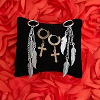 M Men Style Three Feather Three Long Chain Christ Cross Hoop Silver Gold Stainless Steel Stud Hoop Drops  Danglers Earrings-thumb3