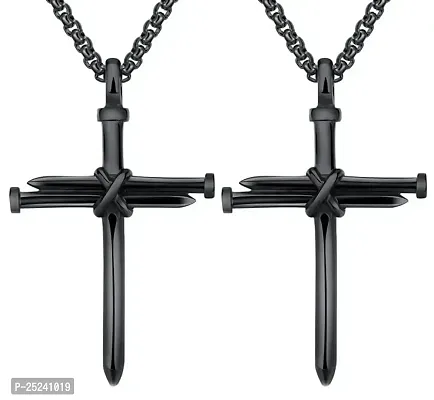 Utkarsh (Set Of 2 Pcs Unisex Stainless Steel Prayer Black Rope  Nail Design Blessing Christian Jesus Cross Pendant Locket Necklace With Box Chain