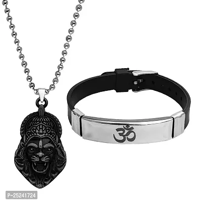 M Men Style Religious Hindu Idol God Vishnu Narsimha Locket With Om Yoga Charm Bracelet Grey Silver Metal Stainless Steel Combo Set For Men SComboa4
