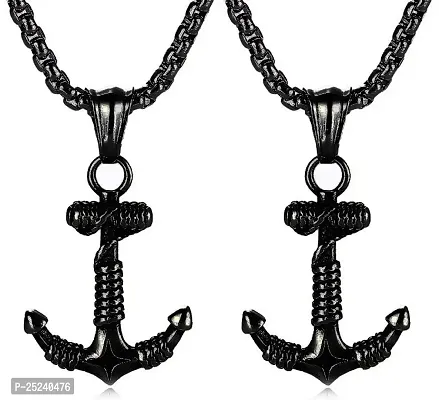 Uniqon (Set Of 2 Pcs) Unisex Black Stainless Steel Wind Pirate Sea Gothic Rope Rassa Design Anchor Punk Pendant Locket Choker Necklace With Box Chain