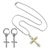 M Men Style Religious Lord Jesus Christ Cross Locket With Cross Earring Gold Silver Metal Stainless Steel Combo Set For Men SComboa20-thumb2