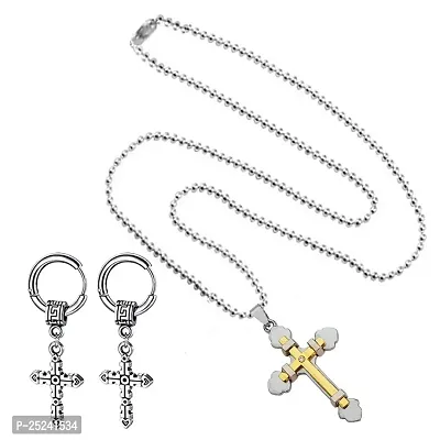 M Men Style Religious Lord Jesus Christ Cross Locket With Cross Earring Gold Silver Metal Stainless Steel Combo Set For Men SComboa20-thumb3
