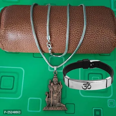 M Men Style South Indian Lord Murugan Kartikeya Snake Chain Locket With Om Yoga Charm Bracelet Copper Silver Metal Stainless Steel Combo Set For Men SComboa5-thumb3