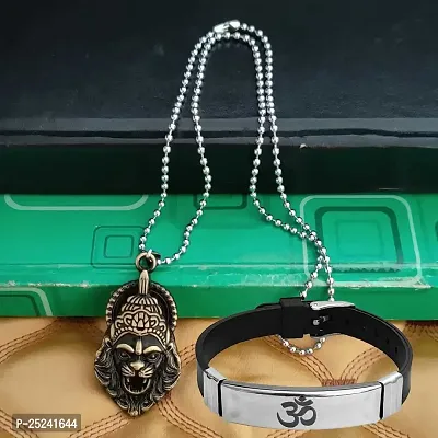 M Men Style Religious Hindu Idol God Vishnu Narsimha Locket With Om Yoga Charm Bracelet Bronze Silver Metal Stainless Steel Combo Set For Men SComboa3-thumb2