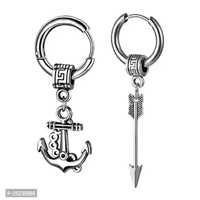 M Men Style Men Wheel Ship Anchor Ship With Arrowhead Huggie Silver Stainless Steel Earrings For Men And Women