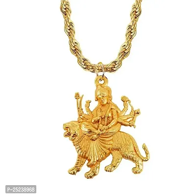 M Men Style Lord Maa Durga Sherawali Mahakali Locket with Brass Rope Chain Gold Brass Religious Symbols Pendant Necklace Chain for Men and Women-thumb0