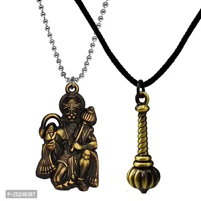 M Men Style Hindu Lord Bajrangbali Hanuman idol Monkey God Of Devotion Ball Chain With Gada Bronze Zinc Metal And Cotton Dori Pendant Necklace For Men And Women SPn2022816-thumb0