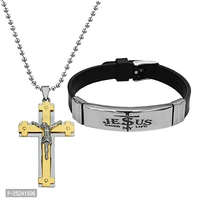 M Men Style Religious Lord Jesus Christ Cross Locket With Jesus Saved My Life Bracelet Silver Gold Metal Stainless Steel Combo Set For Men SComboa8-thumb0