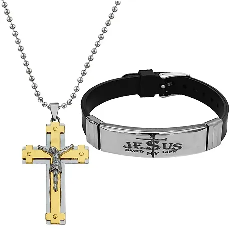 Men Style Religious Lord Jesus Christ Cross Locket With Jesus Saved My Life Bracelet Metal Stainless Combo Set For Men SComboa8