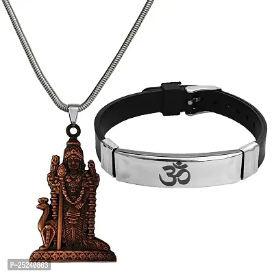 M Men Style South Indian Lord Murugan Kartikeya Snake Chain Locket With Om Yoga Charm Bracelet Copper Silver Metal Stainless Steel Combo Set For Men SComboa5