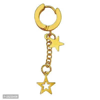 M Men Style Fancy Double Star Chain Charm Gold Stainless Steel Drop Dangle Surgical Hoop Earrings For Unisex