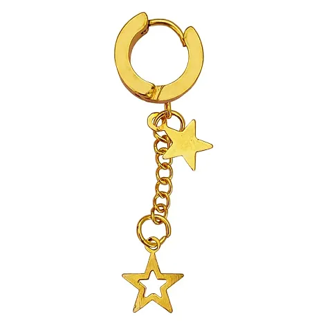 Men Style Fancy Double Star Chain Charm Stainless Drop Dangle Surgical Hoop Earrings For Unisex