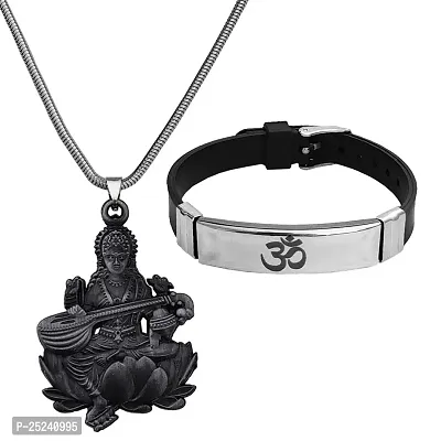 M Men Style Religious Godess Sarswati Snake Chain Locket Om Yoga Charm Bracelet Grey Silver Metal Stainless Steel Combo Set For Men SComboa30