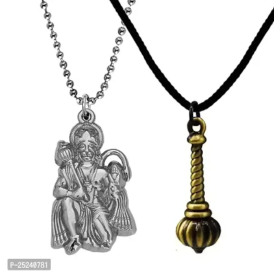 M Men Style Hindu Lord Hanuman idol Monkey God Of Devotion Ball Chain With Gada Silver Bronze Zinc Metal Cotton Dori Pendant Necklace For Men And Women
