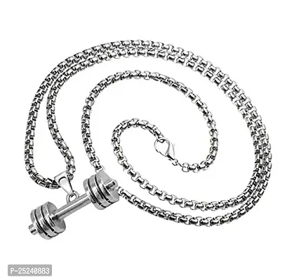 Uniqon Unisex Fancy  Stylish Silver Metal Stainless Steel Weightlifting Fitness Gym Bodybuilding Sports Dumbbell Barbell Pendant Locket Necklace With Box Chain-thumb0