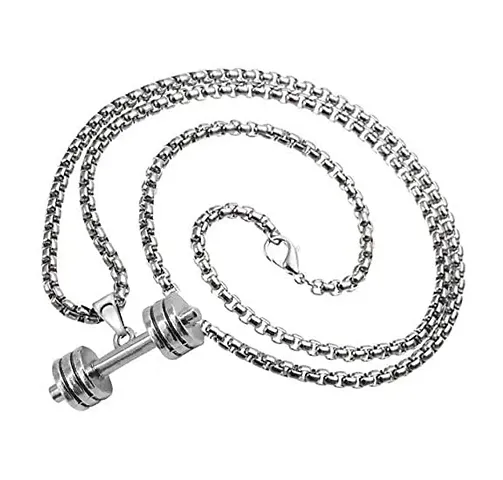 Uniqon Unisex Fancy & Stylish Silver Metal Stainless Steel Weightlifting Fitness Gym Bodybuilding Sports Dumbbell Barbell Pendant Locket Necklace With Box Chain