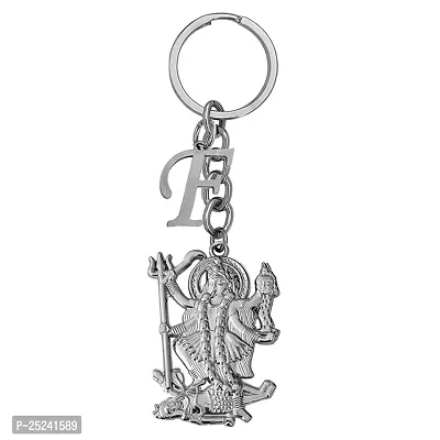M Men Style Hindu Deity Powerful Mata Goddess Maha Kali Kalika Devi Initial Letter Alphabet - E Silver Zinc And Metal Keychain For Men And Women