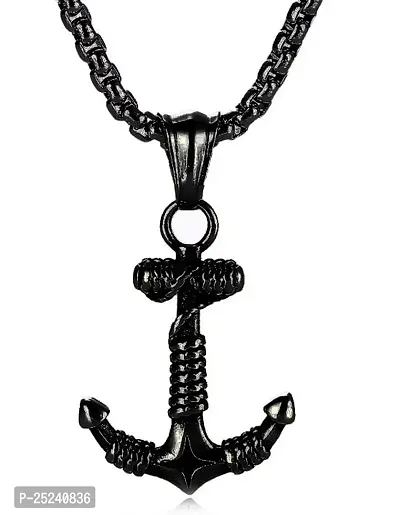Uniqon Black Unisex Trending Stainless Steel Metal Wind Pirate Sea Gothic Rope Rassa Design Anchor Punk Locket Pendant Choker Necklace With Box Chain