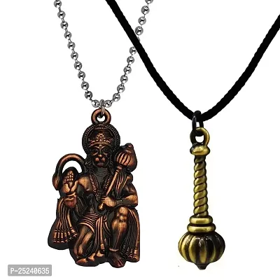 M Men Style Hindu Lord Hanuman idol Monkey God Of Devotion Ball Chain With Gada Copper And Bronze Zinc Metal Cotton Dori Pendant Necklace For Women