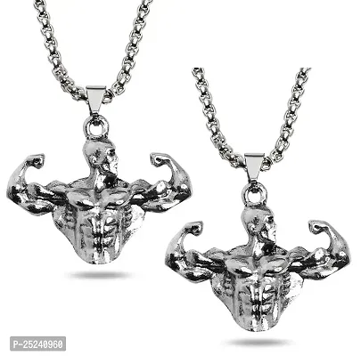 Uniqon (Set Of 2 Pcs) Stainless Steel Weightlifting Boxer Men Figure Muscle Body Fitness Gym Bodybuilding Pendant Locket Necklace With Box Chain