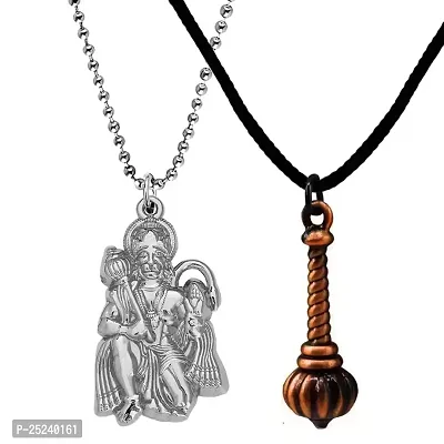 M Men Style Hindu Lord Bajrangbali Hanuman idol Monkey God Of Devotion Ball Chain With Gada Silver And Copper Zinc Metal Cotton Dori Pendant Necklace For Women SPn2022820-thumb0