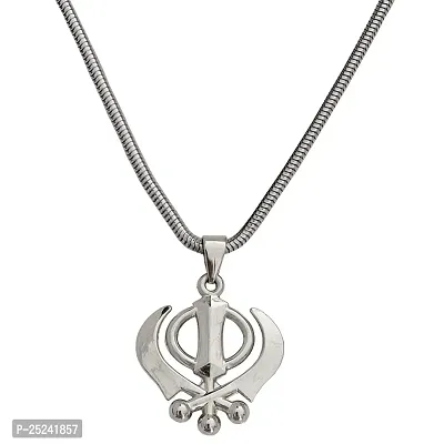 M Men StyleBold Heavy Sikh Khanda Sardar Sikhism Silver Stainless Steel Pendant Necklace Chain for Unisex