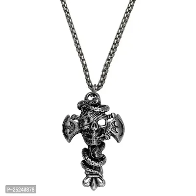 M Men Style Biker jewellery Viking Gothic Skull Head With Snake Cross Black Silver Metal Pendant Chain For Men