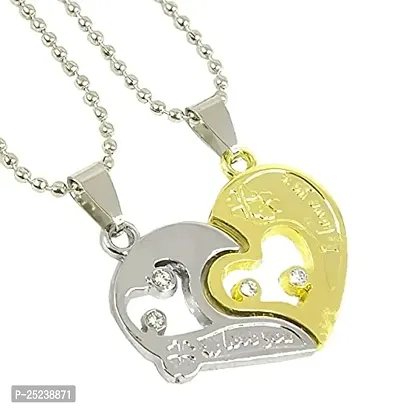 Uniqon Valentine's Day Special Metal Stainless Steel Flower I Love You Diamond Nug Broken Heart Romantic Love Couple Golden  Silver Color 2 In 1 Beautiful Dual/Duo Locket Pendant Necklace With Chain