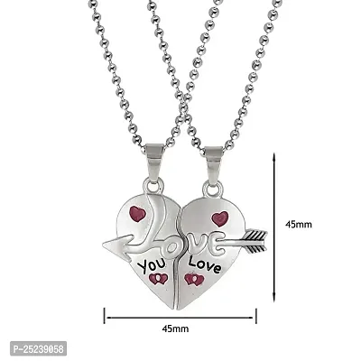 M Men Style Valentine Gift Baby I Love You Arrow Couple Heart Engraved Dual Couple Locket Unisex Jewellery 1 Pair for His and Her Silver Metal Pendant Necklace Chain Set for Men and Women-thumb2