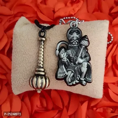 M Men Style Hindu Lord Hanuman idol Monkey God Of Devotion Ball Chain With Gada Grey And Bronze Zinc Metal Cotton Dori Pendant Necklace For Women-thumb4