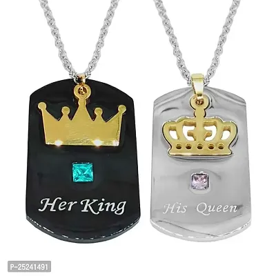 Shiv Jagdamba Valentine Gift King And Queen Name Couple Gold, Black Stainless Steel Pendant Necklace Chain For Men And Women-thumb0