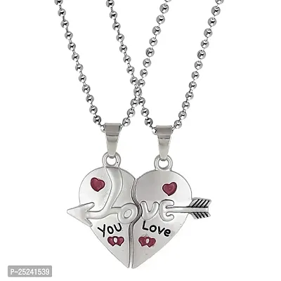 Shiv Jagdamba Couple Jewellery 2 Pcs Arrowhead I love You Engraved Maching Heart Puzzle Red And Silver Pendant Necklace Chain For Men And Women