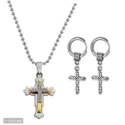 M Men Style Religious Lord Jesus Christ Cross Locket With Cross Earring Silver Gold Metal Stainless Steel Combo Set For Men SComboa21