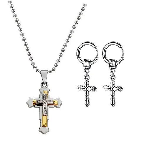 Men Style Religious Lord Jesus Christ Cross Locket With Cross Earring Metal Stainless Combo Set For Men SComboa21