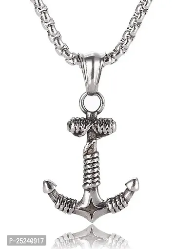 Uniqon Silver Unisex Trending Stainless Steel Metal Wind Pirate Sea Gothic Rope Rassa Design Anchor Punk Locket Pendant Choker Necklace With Box Chain