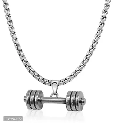 Uniqon Silver Unisex Fancy  Stylish Metal Stainless Steel Weightlifting Fitness Gym Bodybuilding Sports Dumbbell Barbell Locket Pendant Necklace With Box Chain