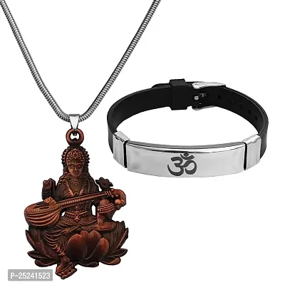 M Men Style Religious Godess Sarswati Snake Chain Locket Om Yoga Charm Bracelet Copper Silver Metal Stainless Steel Combo Set For Men SComboa31