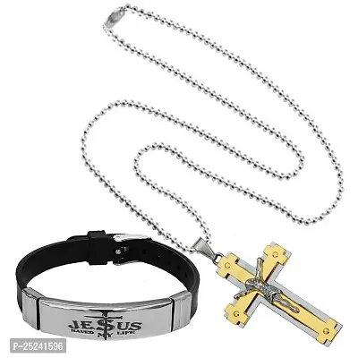 M Men Style Religious Lord Jesus Christ Cross Locket With Jesus Saved My Life Bracelet Silver Gold Metal Stainless Steel Combo Set For Men SComboa8-thumb2