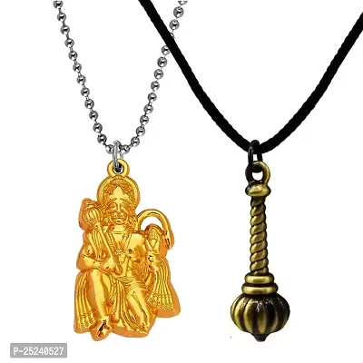 M Men Style Hindu Lord Bajrangbali Hanuman idol Monkey God Of Devotion Ball Chain With Gada Gold Bronze Zinc Metal And Cotton Dori Pendant Necklace For Men And Women SPn2022814