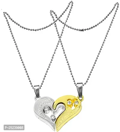 Uniqon Unisex Valentine's Day Special Metal Stainless Steel I Love You Diamond Nug Broken Heart Romantic Love Couple Golden And Silver 2 In 1 Beautiful Duo Locket Pendant Necklace With Chain